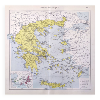 Carte ancienne Grèce Crète 43x43cm de 1950