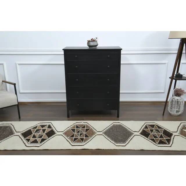 1970s Vintage Turkish Hand-Knotted Wool Cotton Beige Runner Rug 81x388