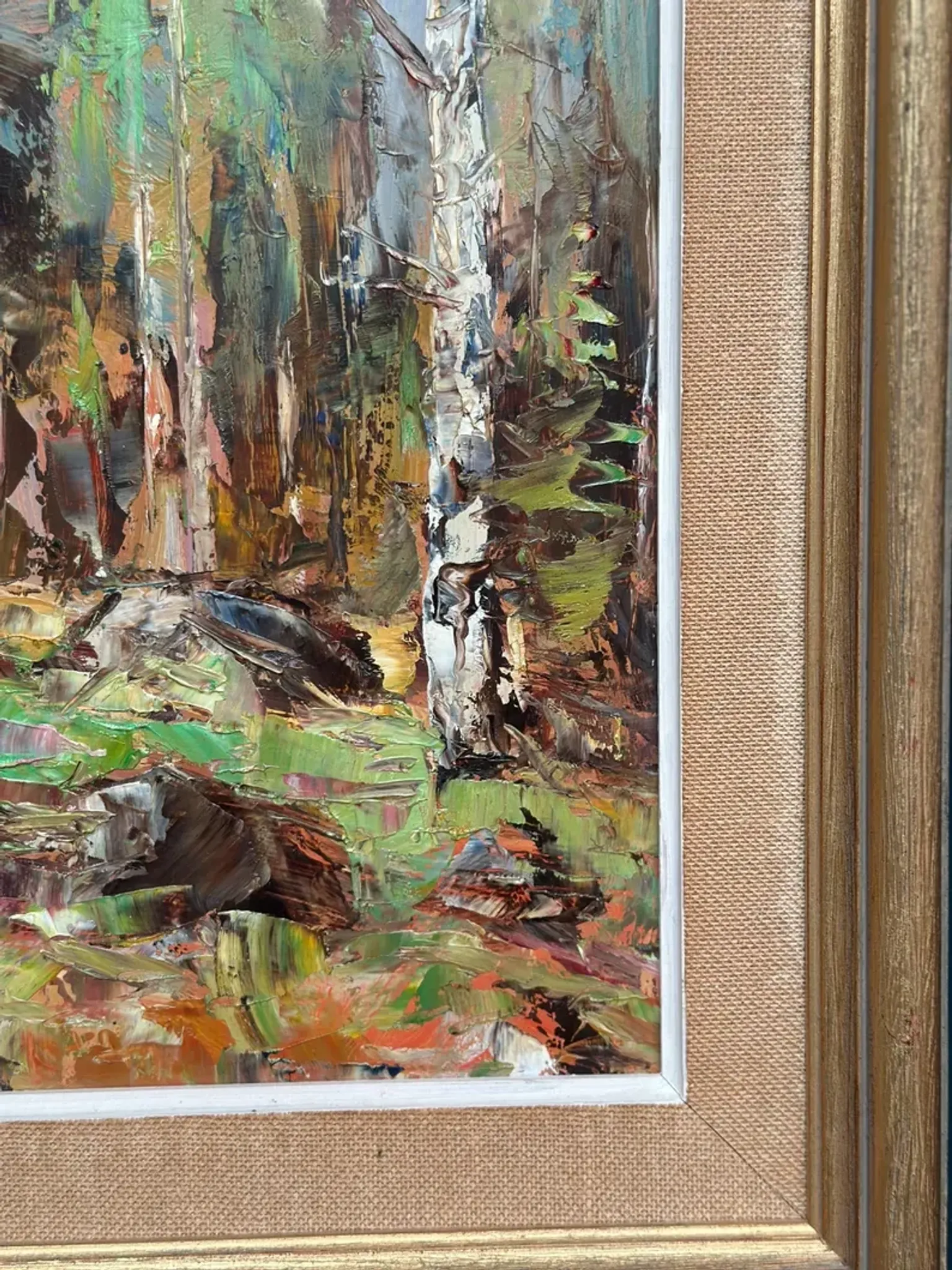 Original Swedish Oil on Canvas – “Birch Forest” by John Sköld – Signed – Dated 1954 – Framed – 40 × 40 cm