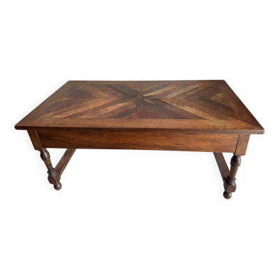 Table, basse, fin 19e noyer massif et marqueterie