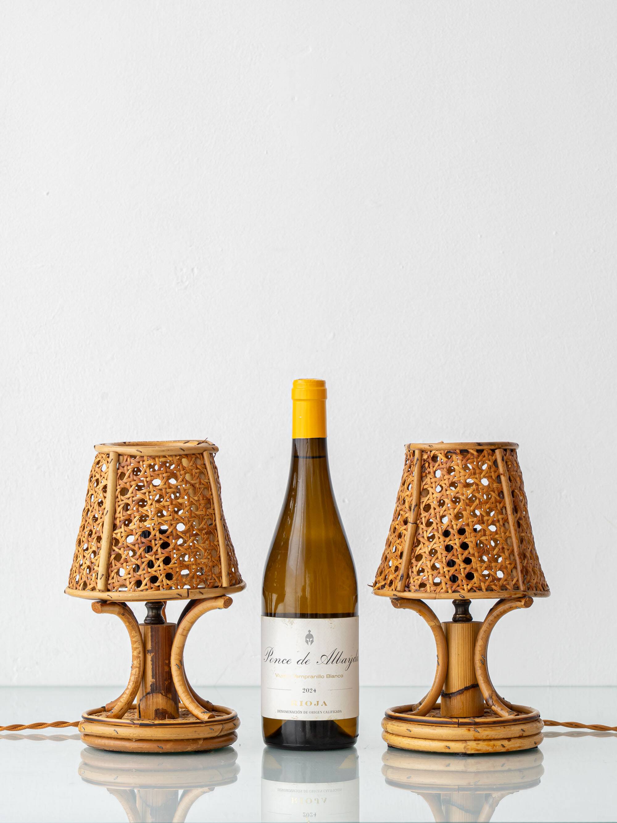 French Riviera Bamboo Rattan Table Lamps, Pair, Vienna Straw Shades, 1960s