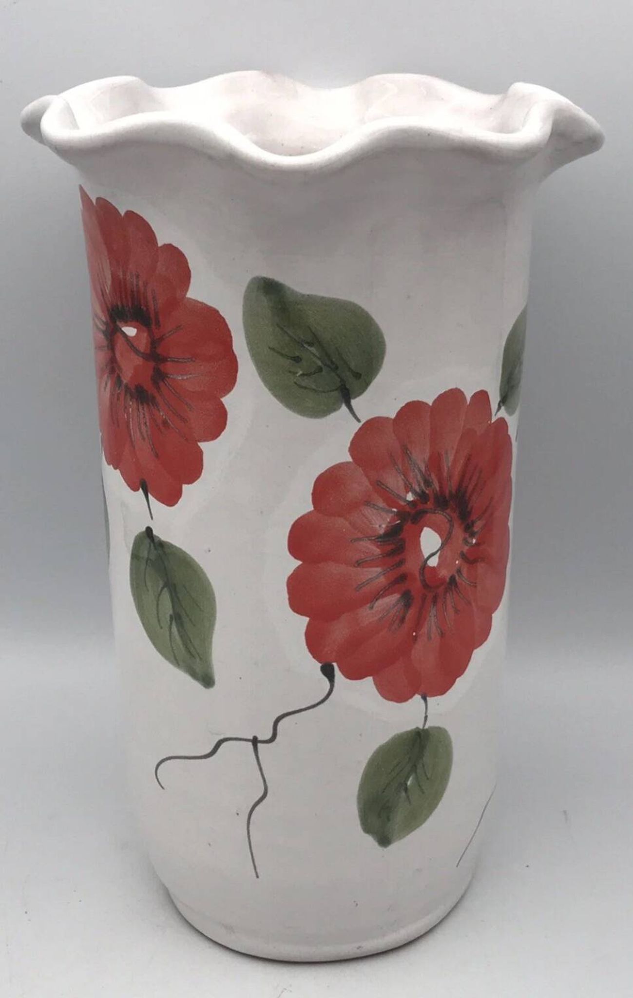 Vase, vintage glazed terracotta pottery, with signed floral decoration