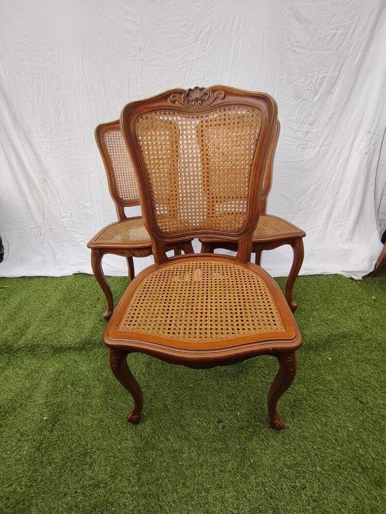 Magnificent Set of 3 Vintage Louis XV Chairs in Carved Solid Wood and Cane