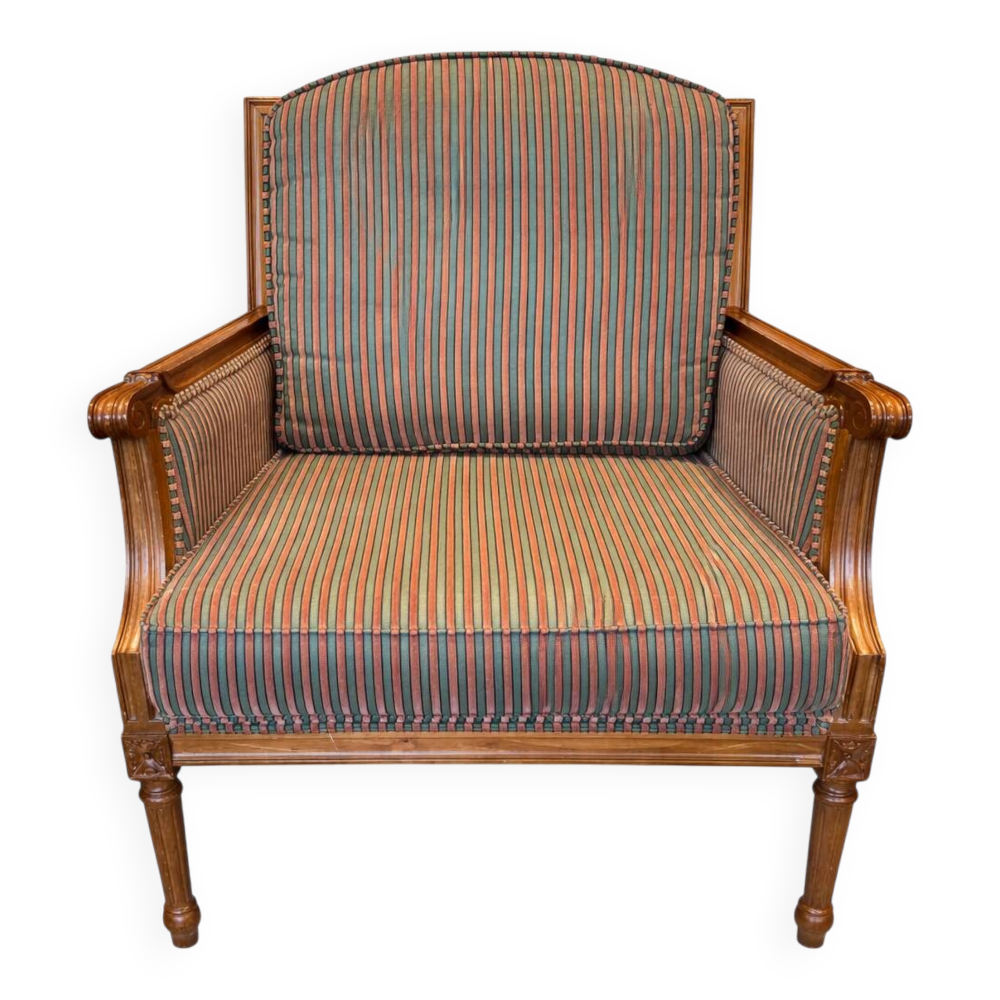 Armchair in the style of Louis XVI made of solid wood, striped fabric.