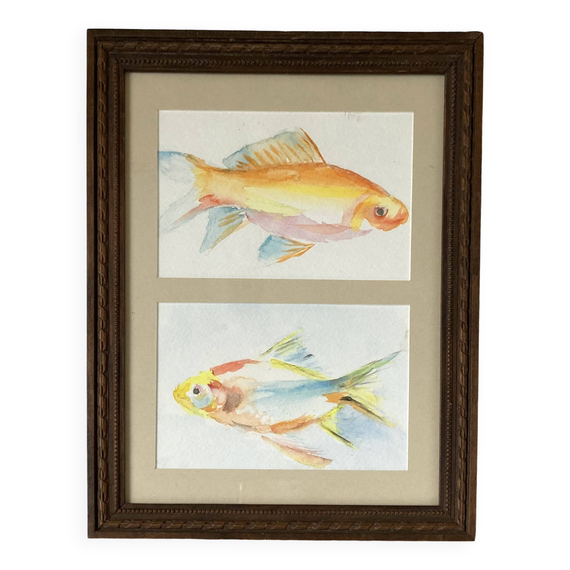 Watercolor painting of goldfish in a Louis XVI style wooden frame