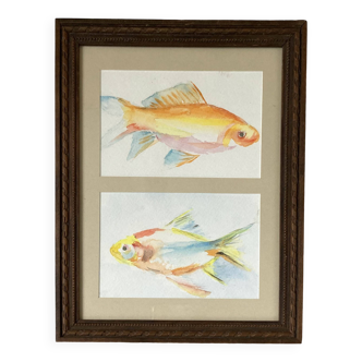 Watercolor painting of goldfish in a Louis XVI style wooden frame