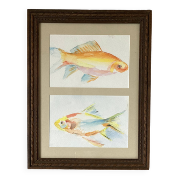 Peinture à l’aquarelle représentant des poissons rouges dans un cadre en bois de style Louis XVI