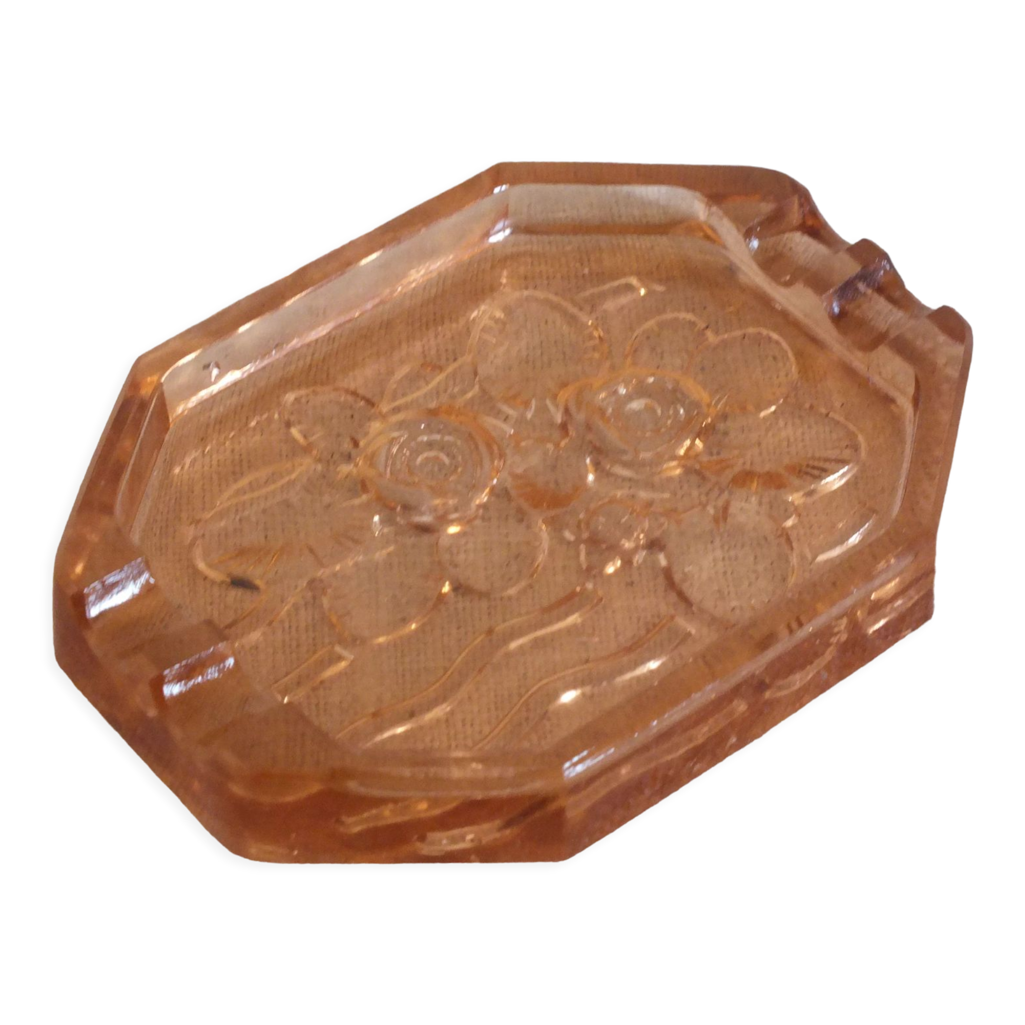 Art Deco style pressed molded glass ashtray, rose décor