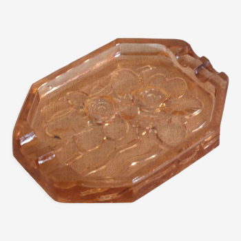 Art Deco style pressed molded glass ashtray, rose décor