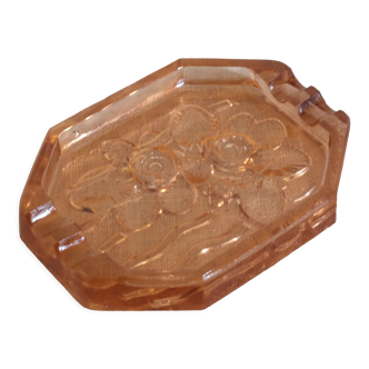 Art Deco style pressed molded glass ashtray, rose décor