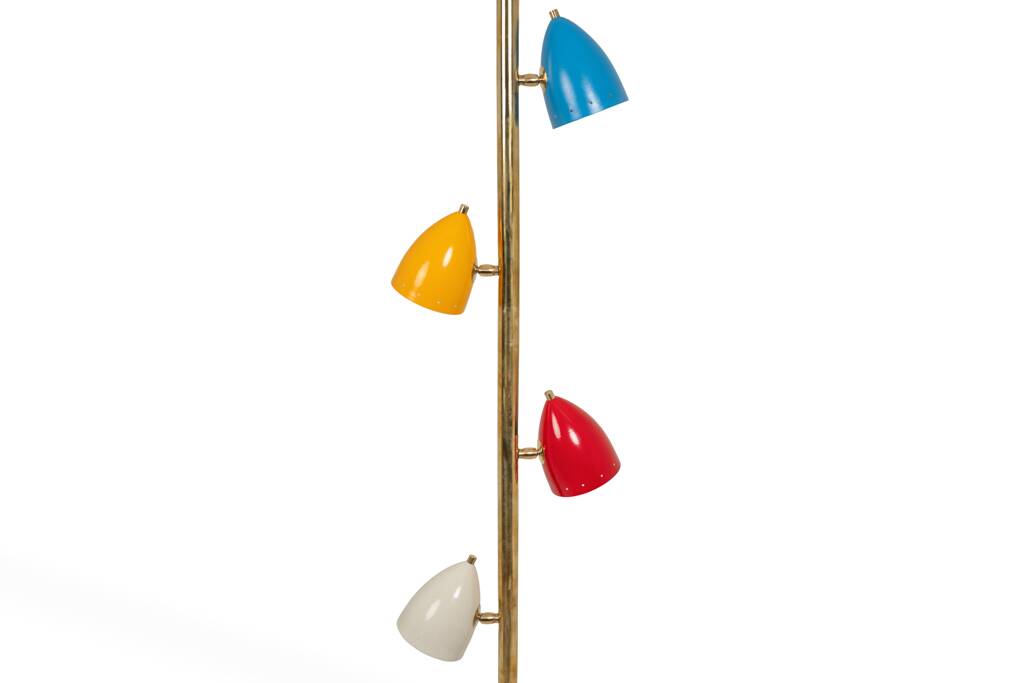 Tubular pendant light in patinated and lacquered brass. Contemporary