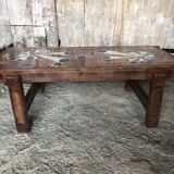Old 70's Coffee Table Wood + Vintage Painted Ceramic Tiles #A608