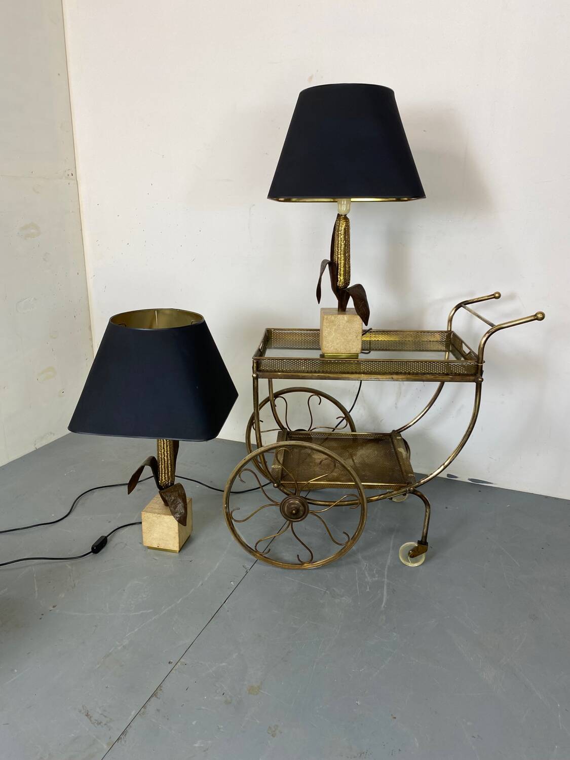Vintage Bronze, Brass and Travertin Table Lamps in the manner of Maison Charles, 1970s, Set of 2