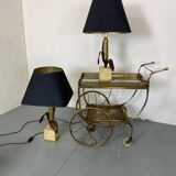 Vintage Bronze, Brass and Travertin Table Lamps in the manner of Maison Charles, 1970s, Set of 2