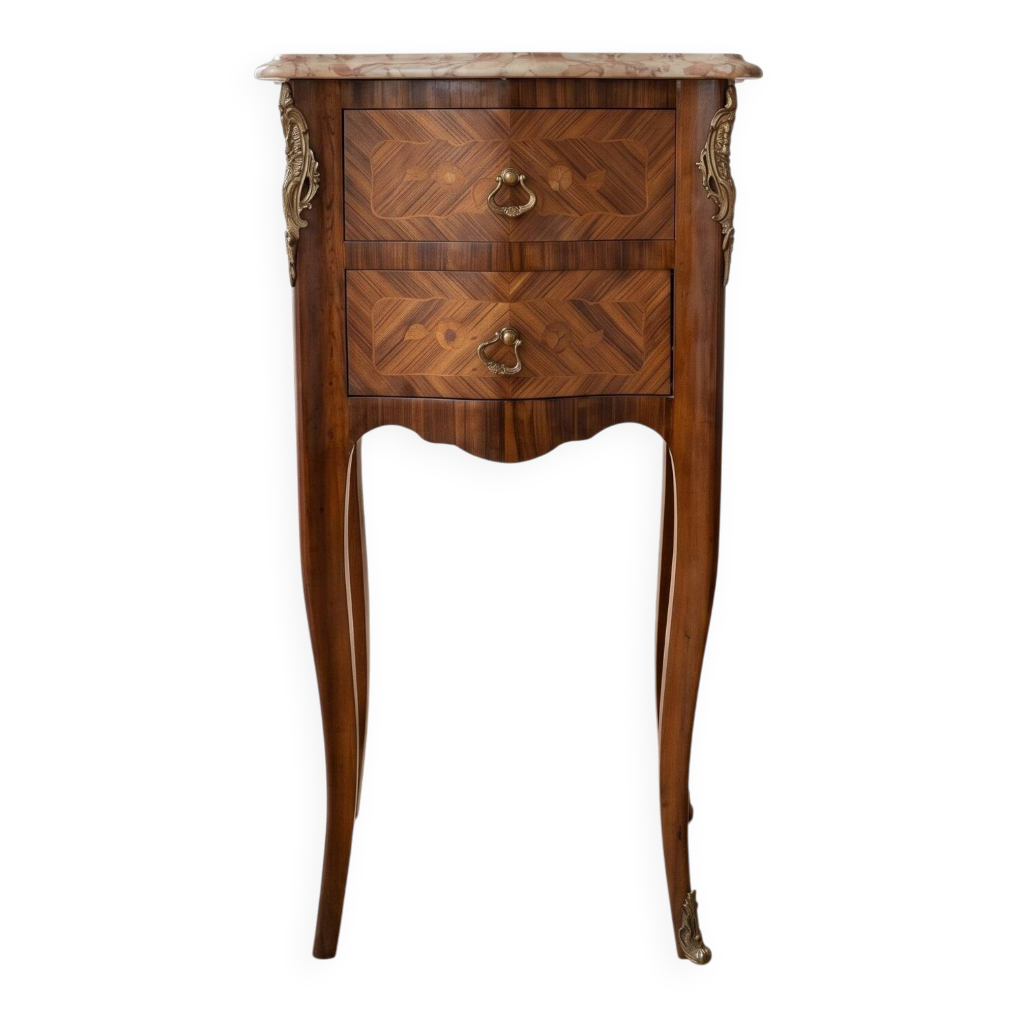 Louis XV style bedside table in marquetry wood and marble