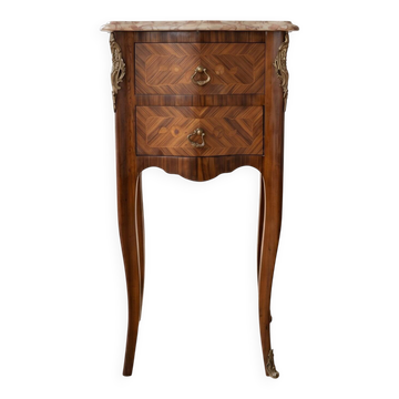 Louis XV style bedside table in marquetry wood and marble