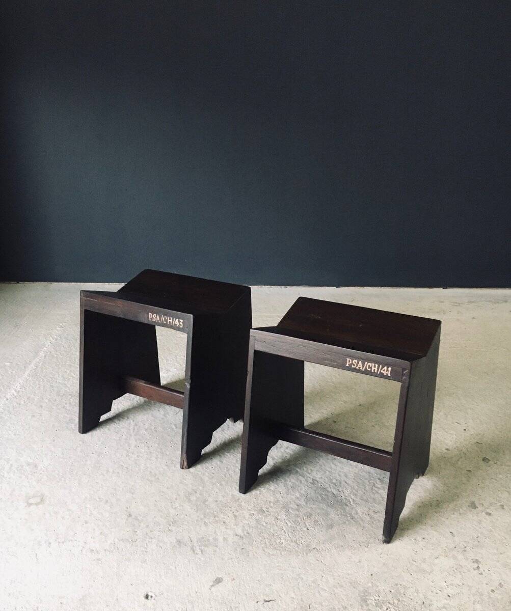 Modernist PJ-SI-68-A Sewing Stools by Pierre Jeanneret for Chandigarh, 1950s, India, Set of 2