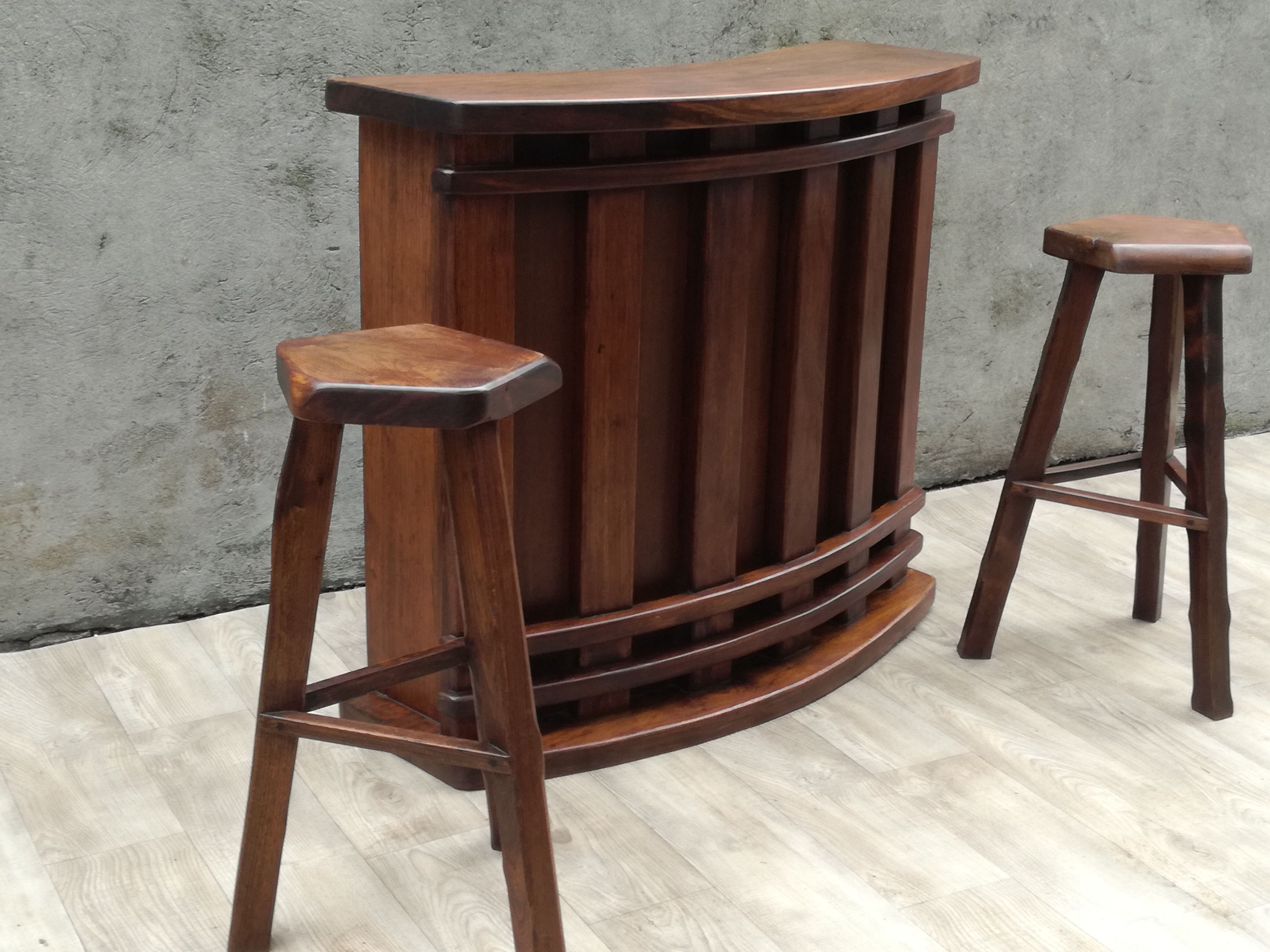 Bar and 2 brutalist stools in massive elm circa 1960