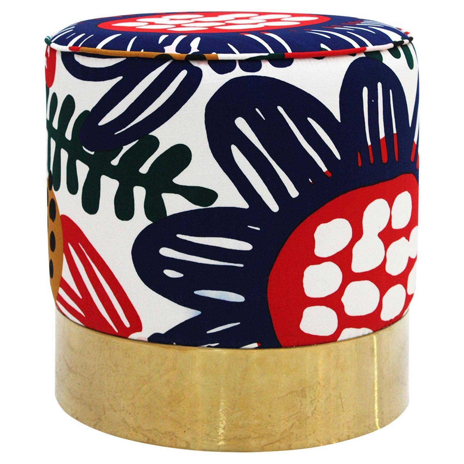 Contemporary Multicolour Floral patterned Fabric and Brass Italian Circular Pouf
