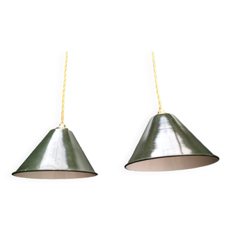 2 enameled sheet metal cone pendants