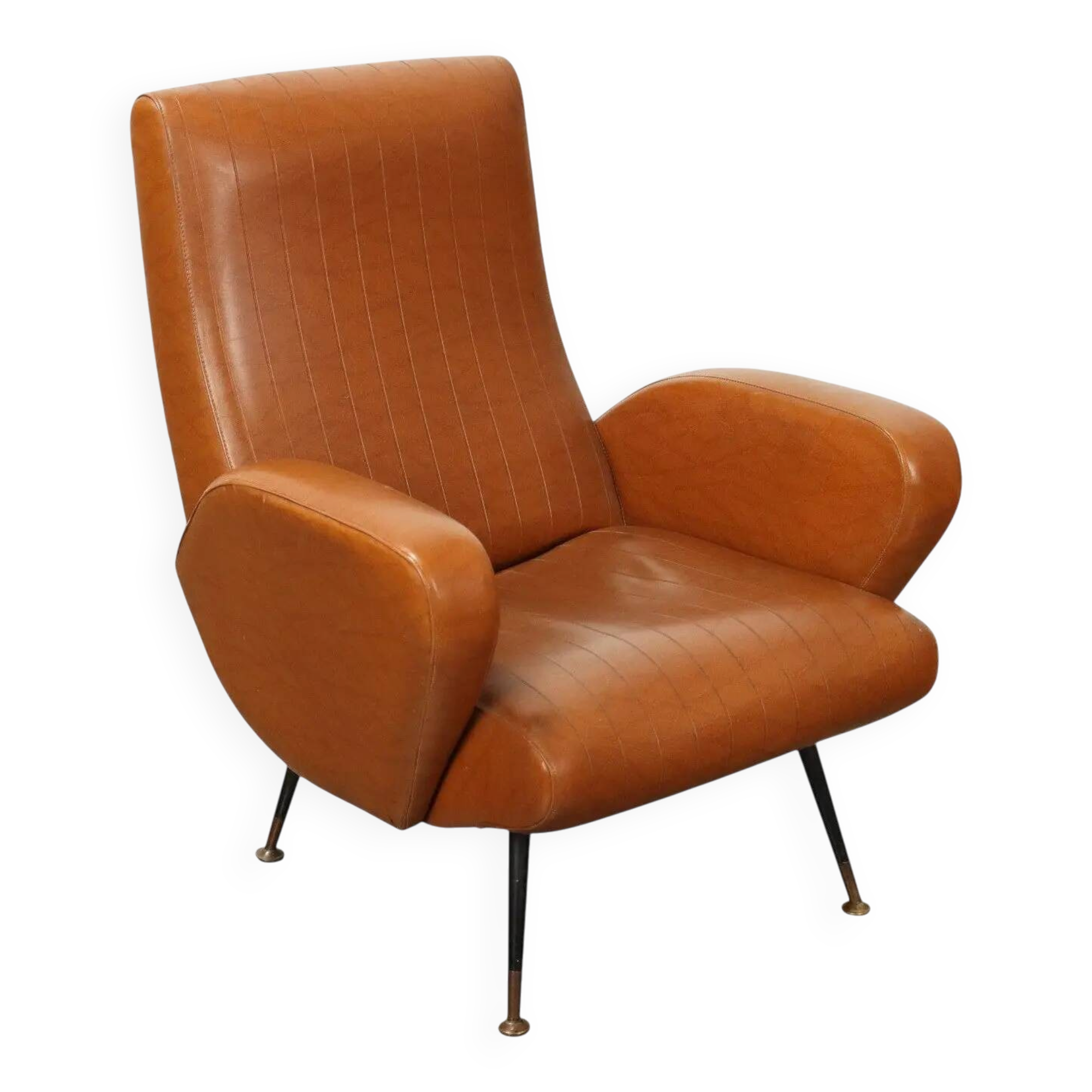 Small vintage armchair in faux leather, metal and brass, 1950s-1960s design.