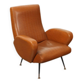 Small vintage armchair in faux leather, metal and brass, 1950s-1960s design.