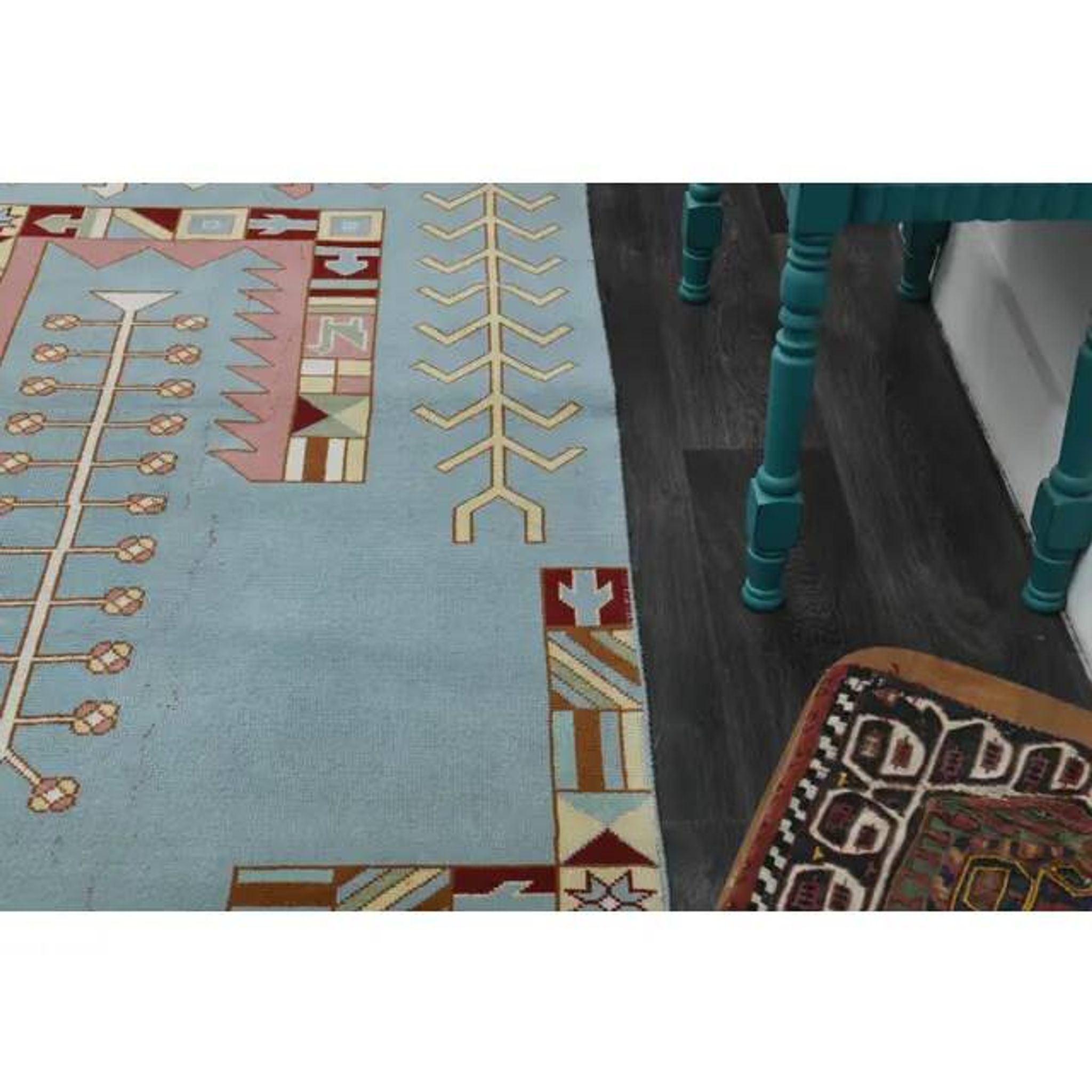 1970s Vintage Turkish Handmade Wool & Cotton Blue Area Rug 116x178
