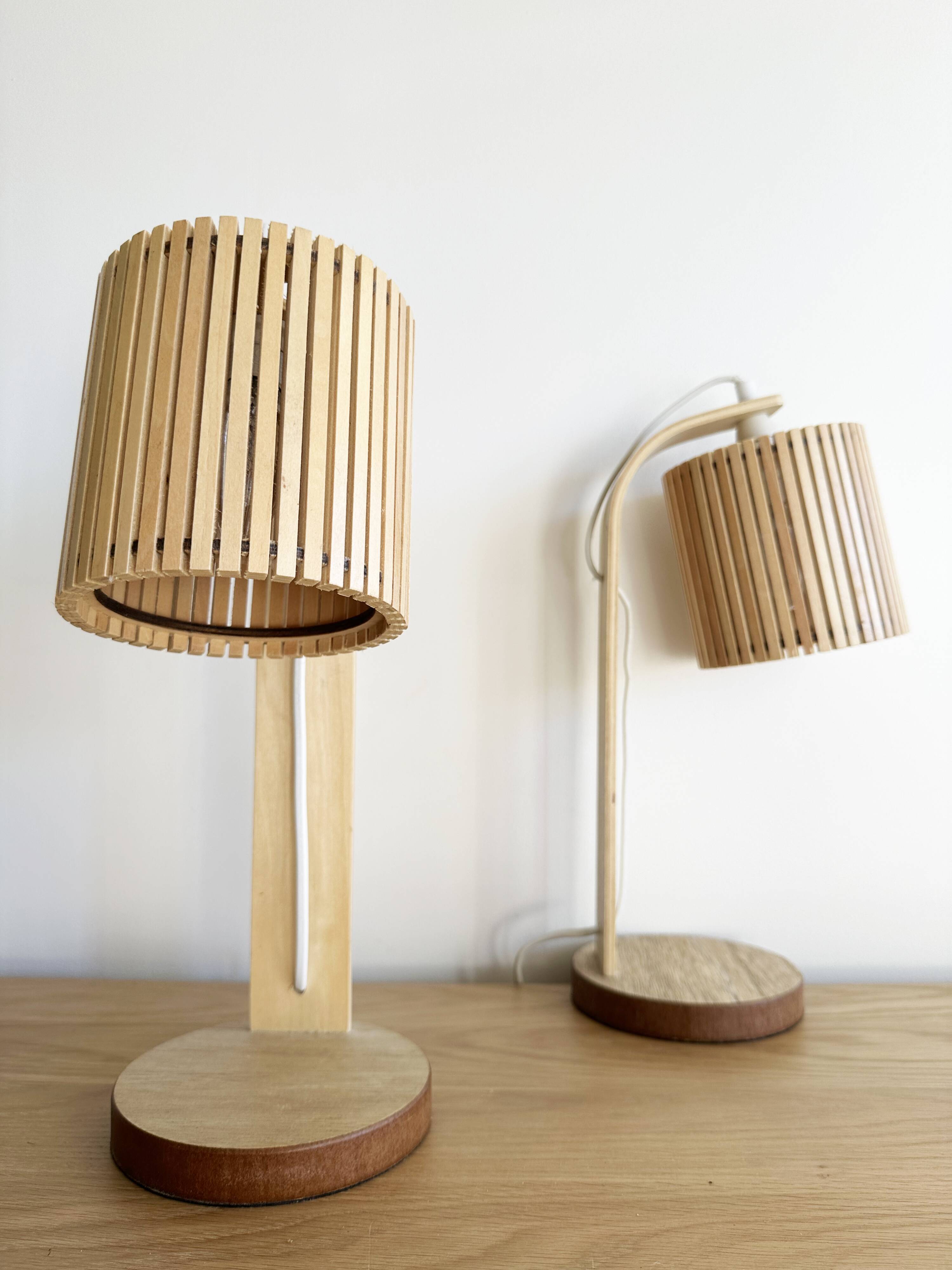 Pair of large Scandinavian lamps in natural wood.
