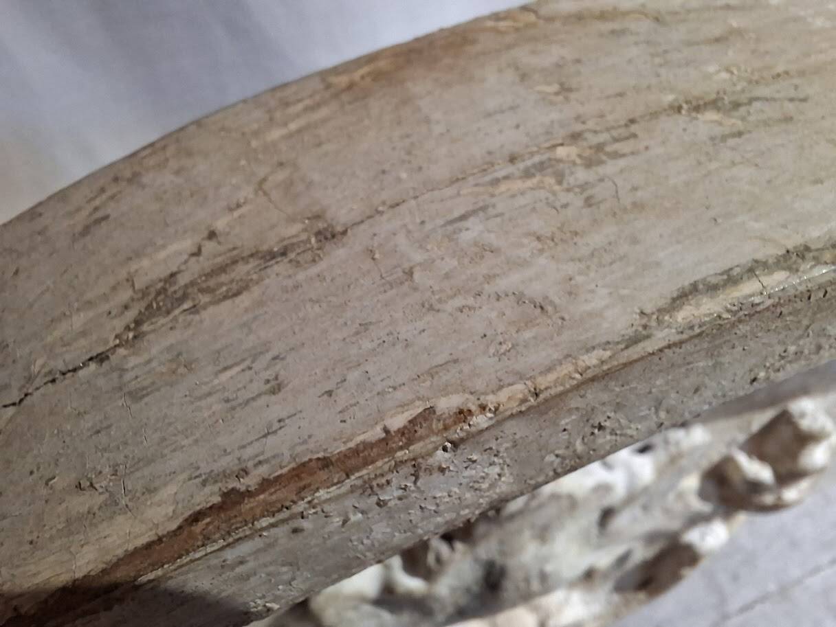 Antique wooden furniture pediment, pale green patina