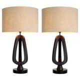 Pair of table lamps in patinated bronze with black granite bases