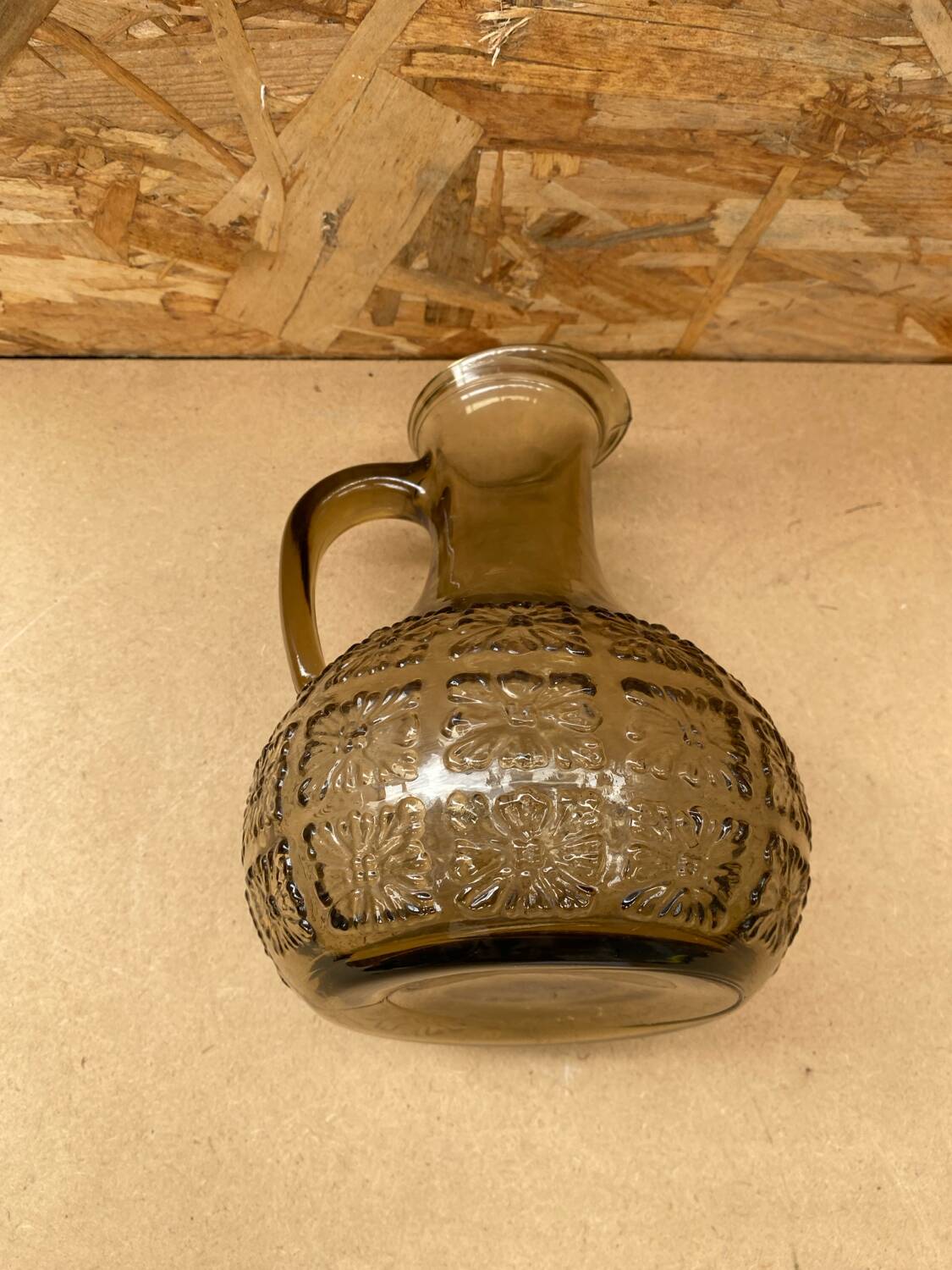 Antique Pitcher Carafe Molded Glass Smoked Grey Flower Decor Relief Vintage