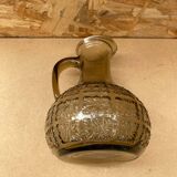 Antique Pitcher Carafe Molded Glass Smoked Grey Flower Decor Relief Vintage