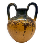 Poterie, jarre, cruche ancienne en terre cuite vernissée jaune et vert, France