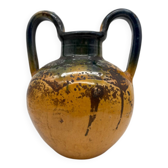 Pottery, jar, old jug in yellow and green glazed terracotta, France