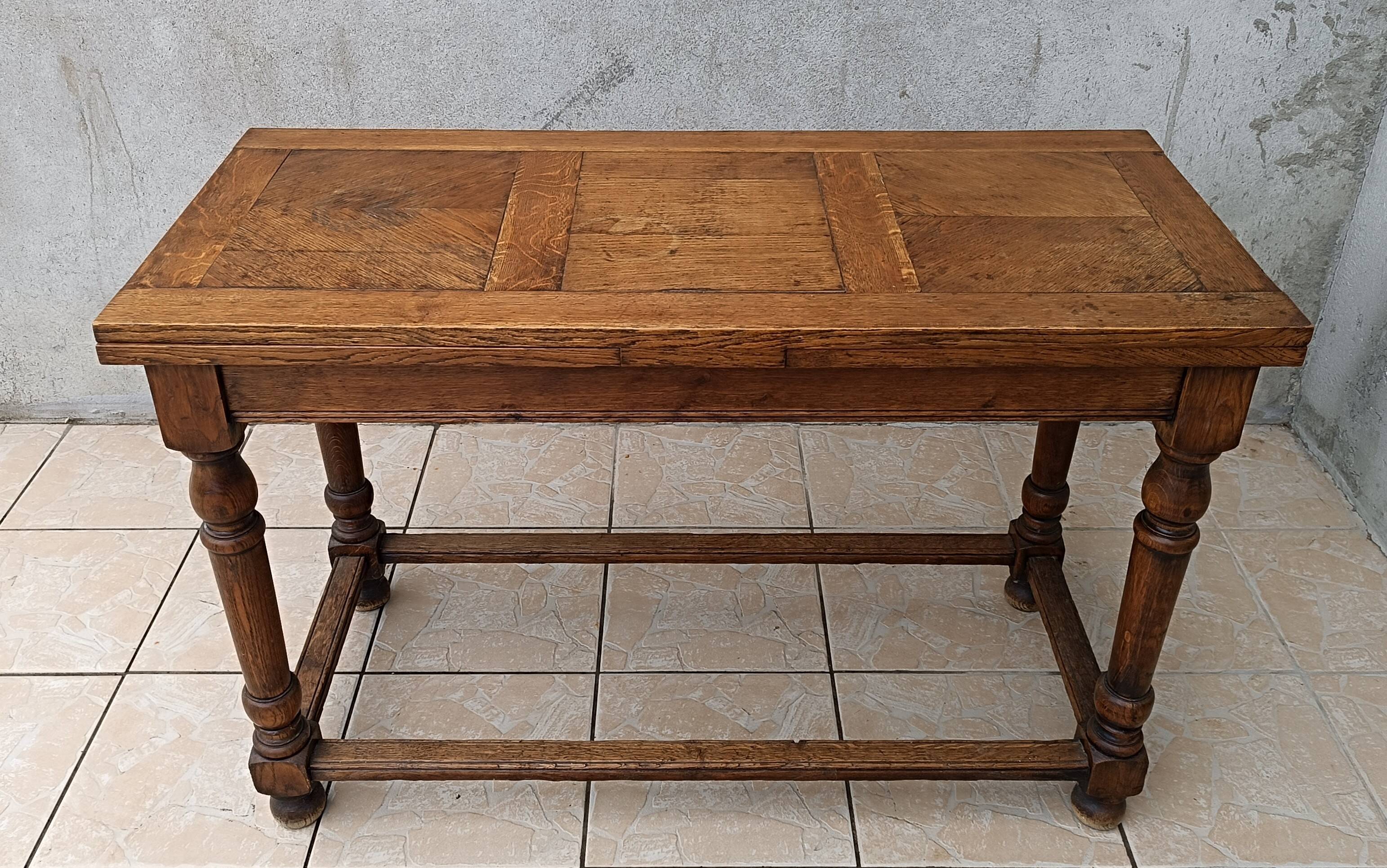 Table console rustique à rallonges en chêne début 20ème