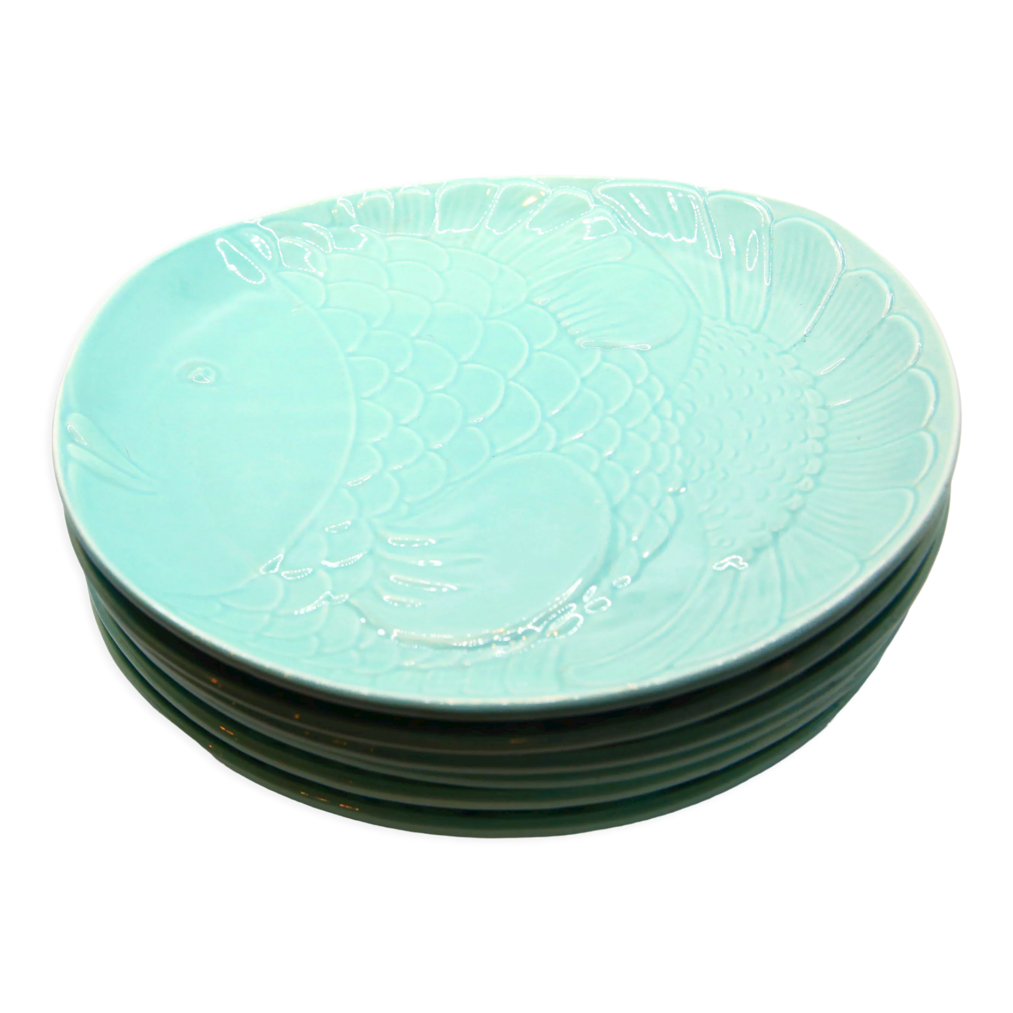 Set of 6 XL fish plates in sky blue earthenware