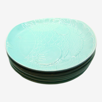 Set of 6 XL fish plates in sky blue earthenware