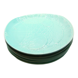 Set of 6 XL fish plates in sky blue earthenware