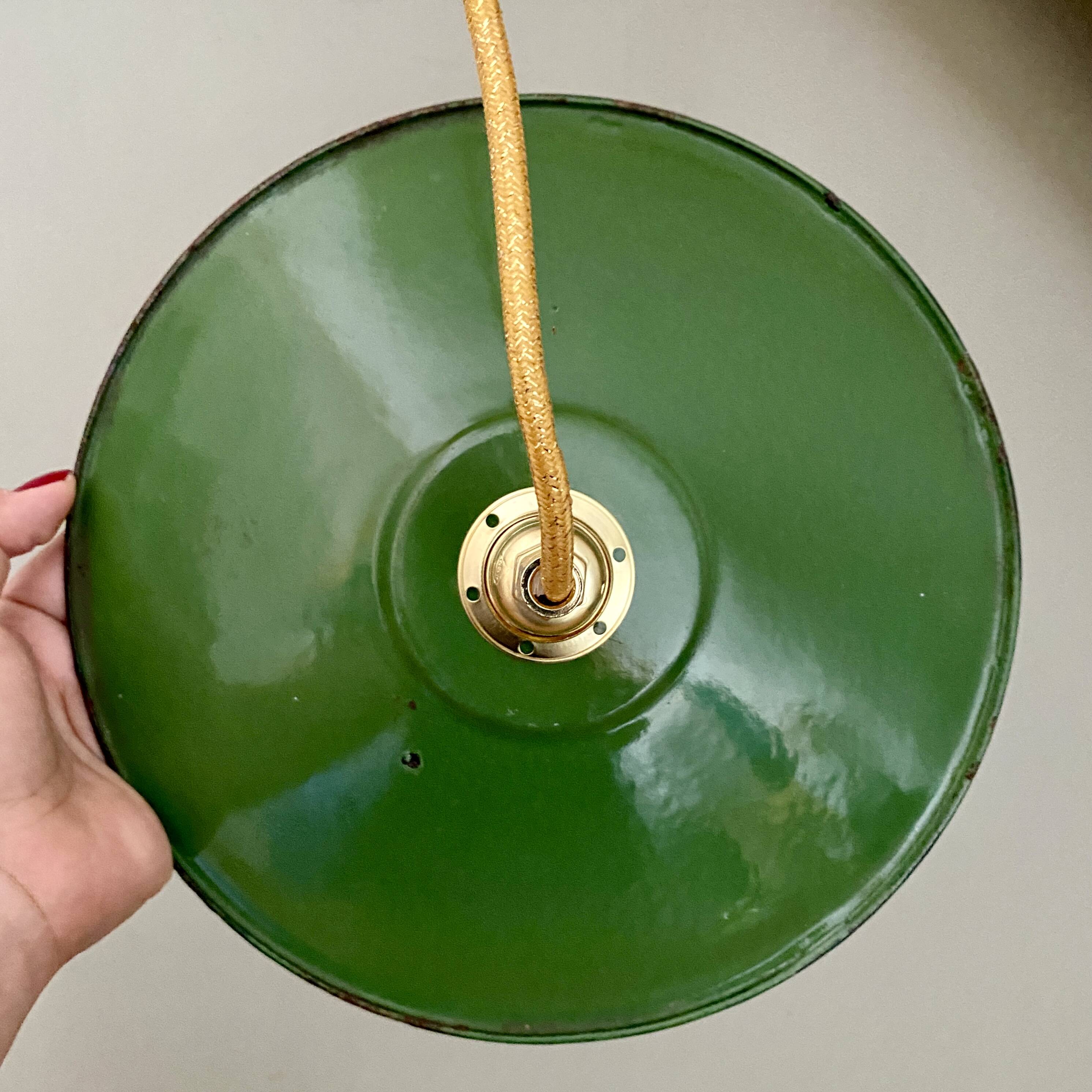 Vintage green enamelled sheet metal lampshade pendant light