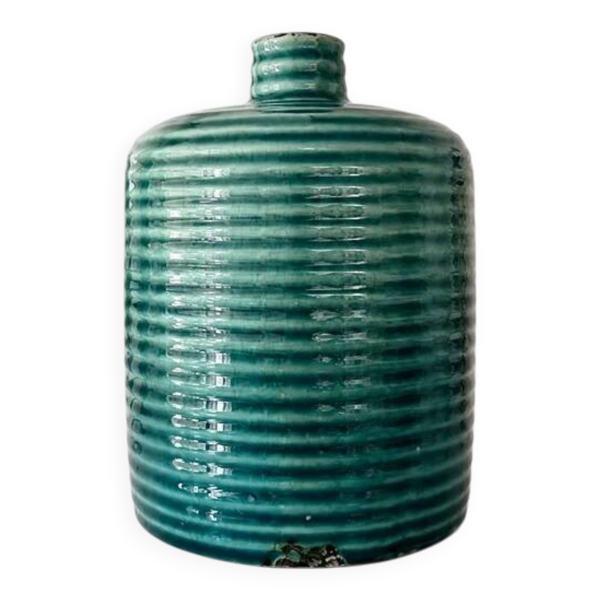 Vase bouteille en céramique émaillée bleu canard à côtes de style Mid-Century