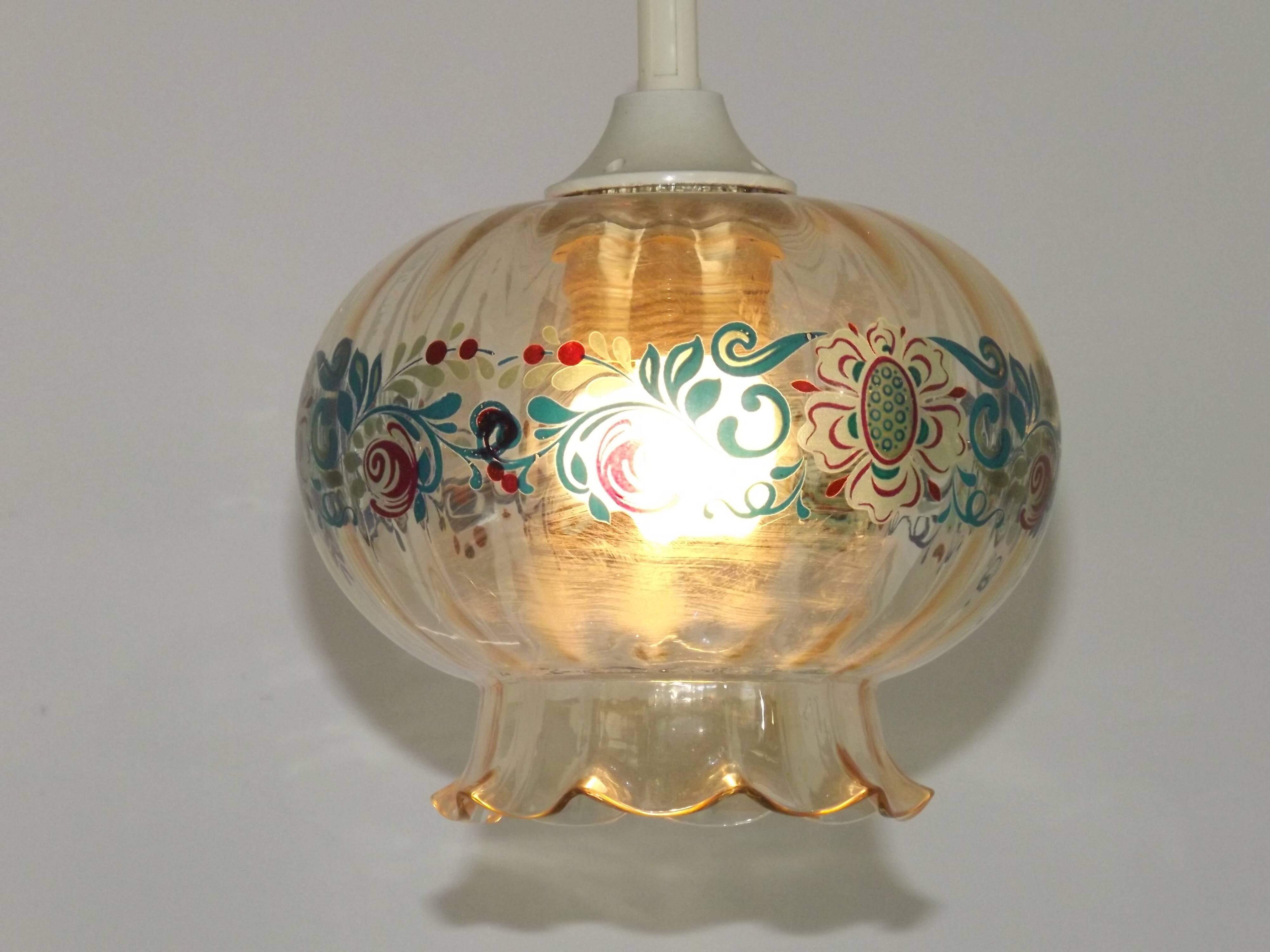 French Vintage Clear Glass Ceiling Light with Colourful Floral Decoration