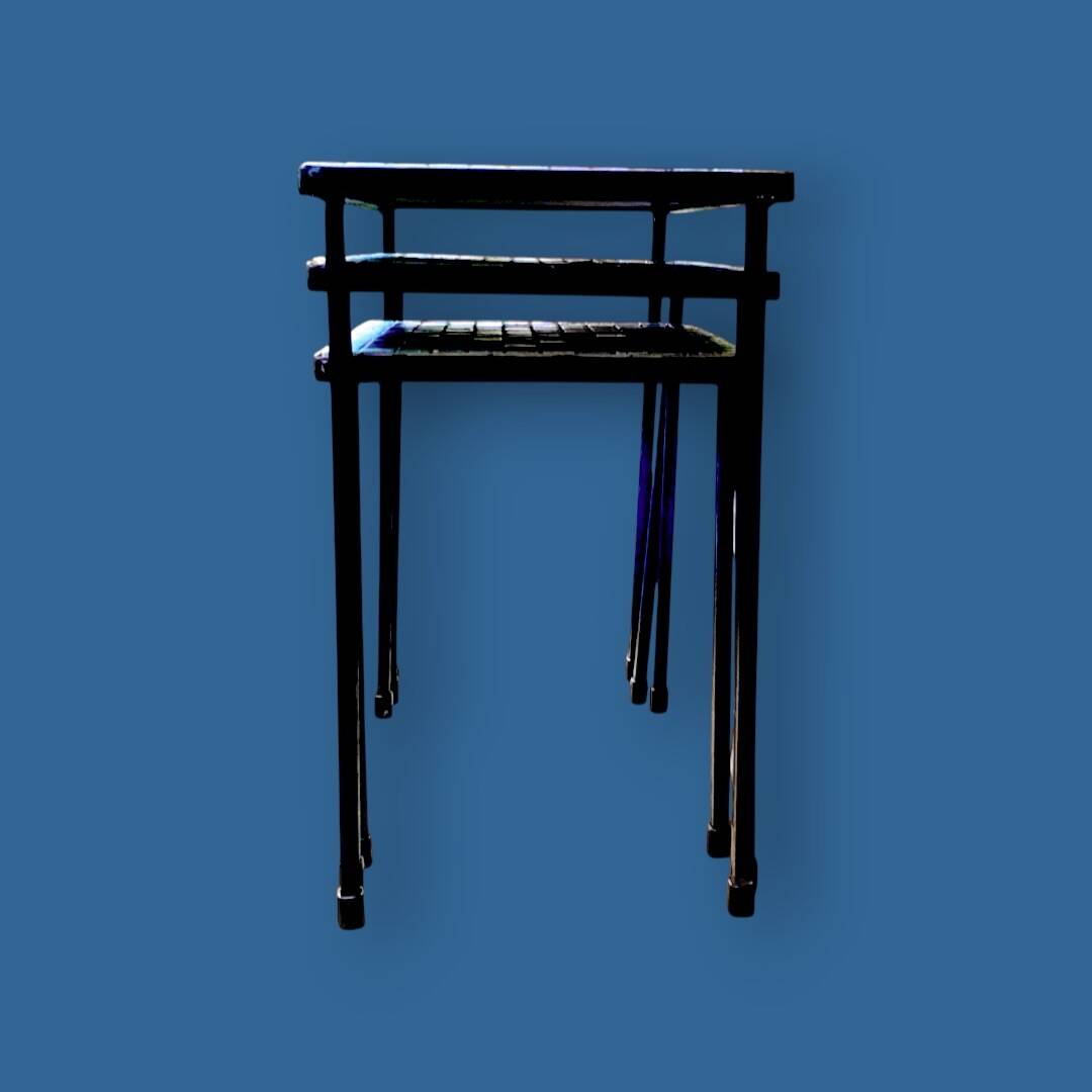 Trio of vintage nesting tables in mosaic and wrought iron