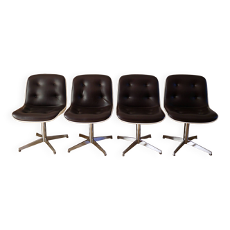 Set of 4 Executive Strafor shell chairs in leather, plastic and chrome 1970s