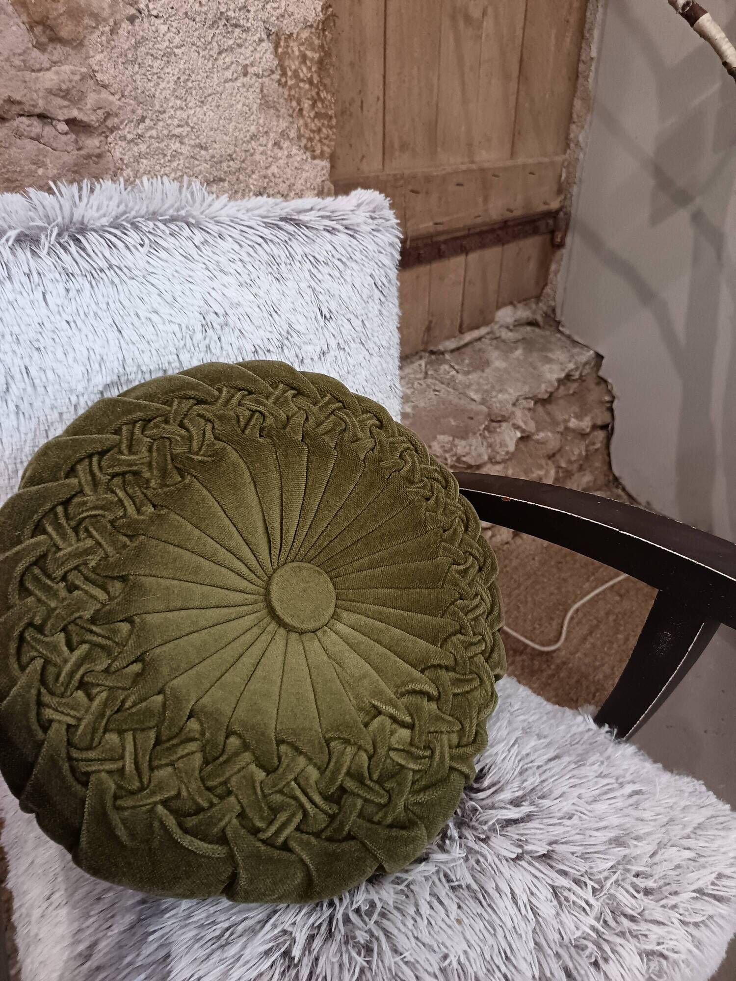Vintage khaki velvet cushion in new condition.