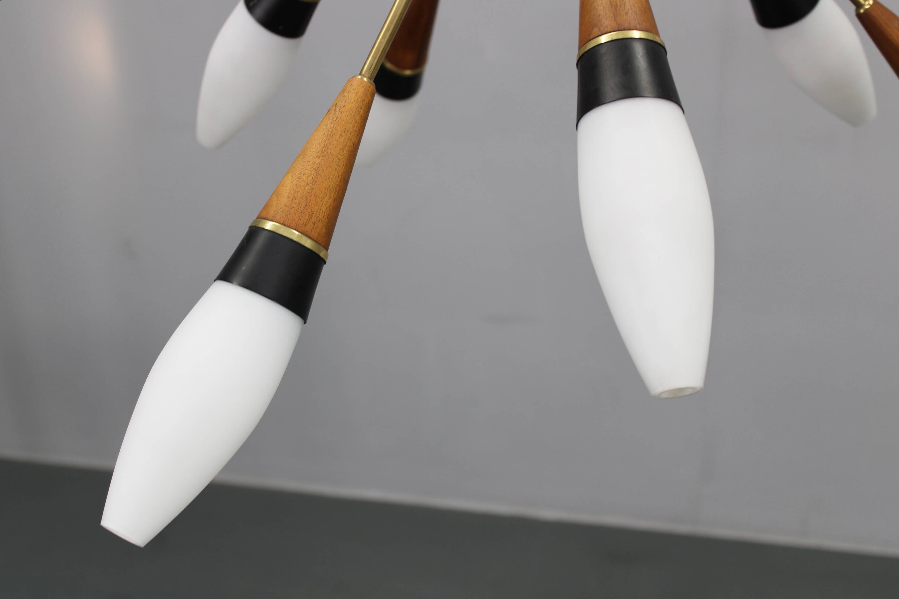 1960s Rupert Nikoll Brass and Teak Opaline Glass Chandelier, Austria