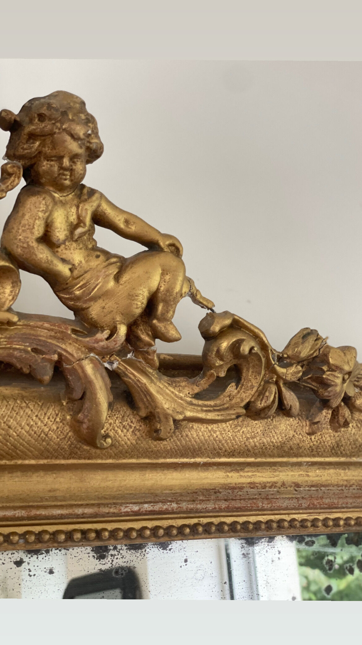 Old mirror louis Philippe gilded gold leaf pediment angels