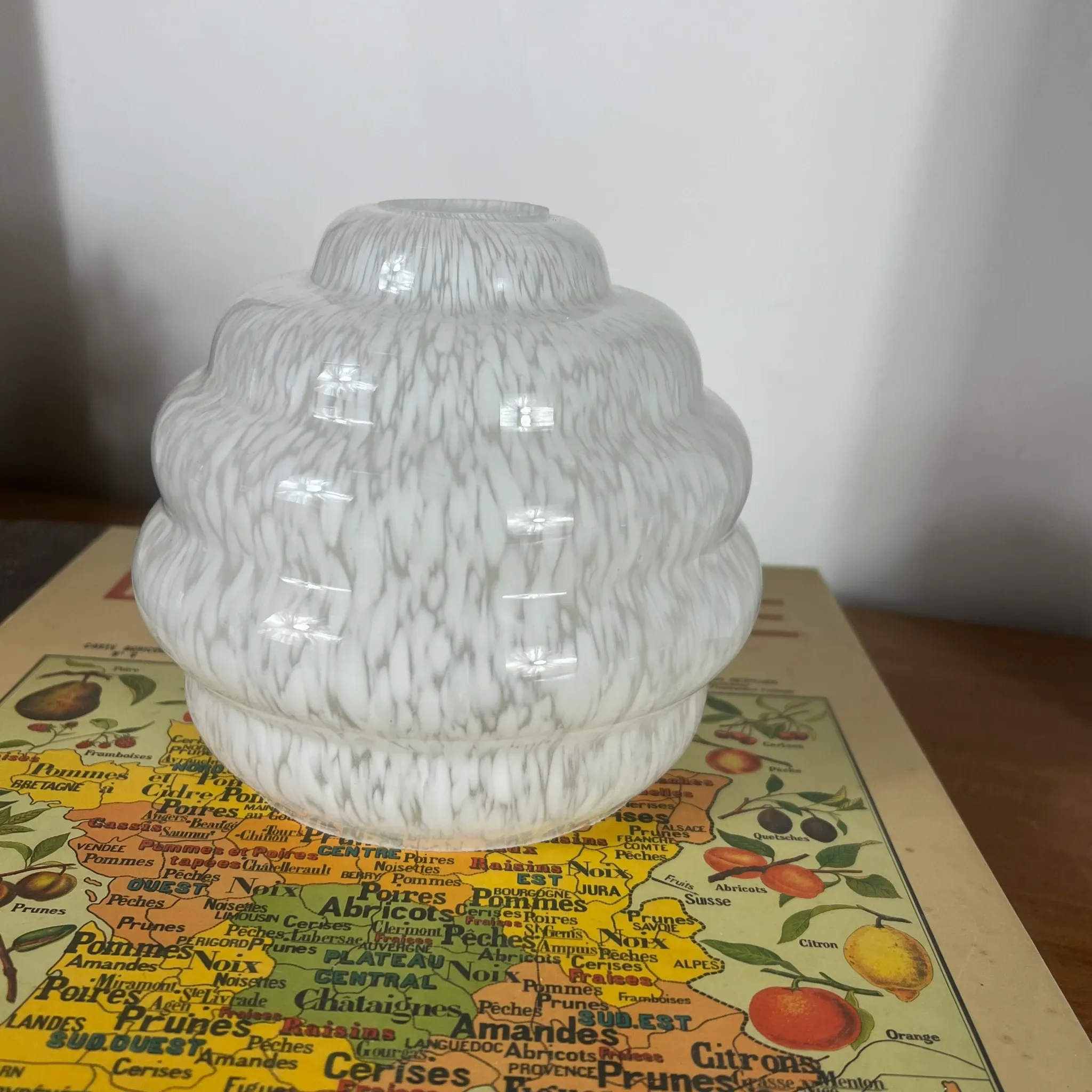 Old Art Deco white speckled glass globe Clichy