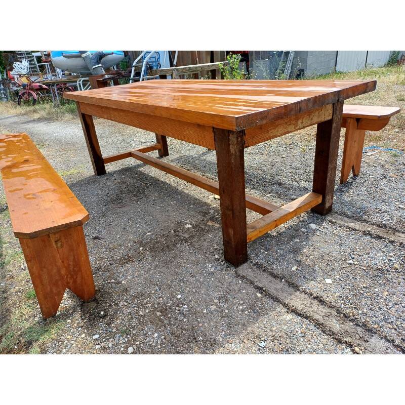 Table de ferme campagnarde en chêne et pin + 2 bancs