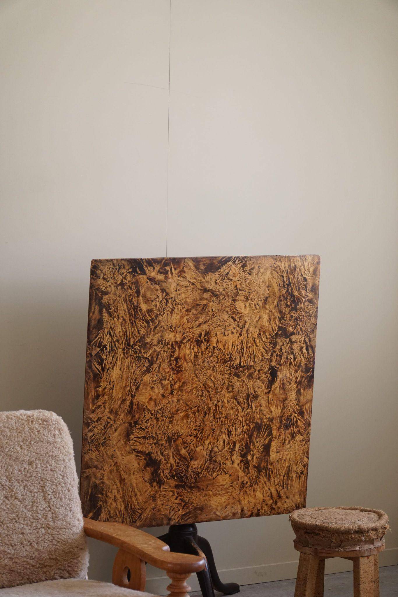 Antique square table with drop leaves made of burl wood, handcrafted in Sweden, 19th century.