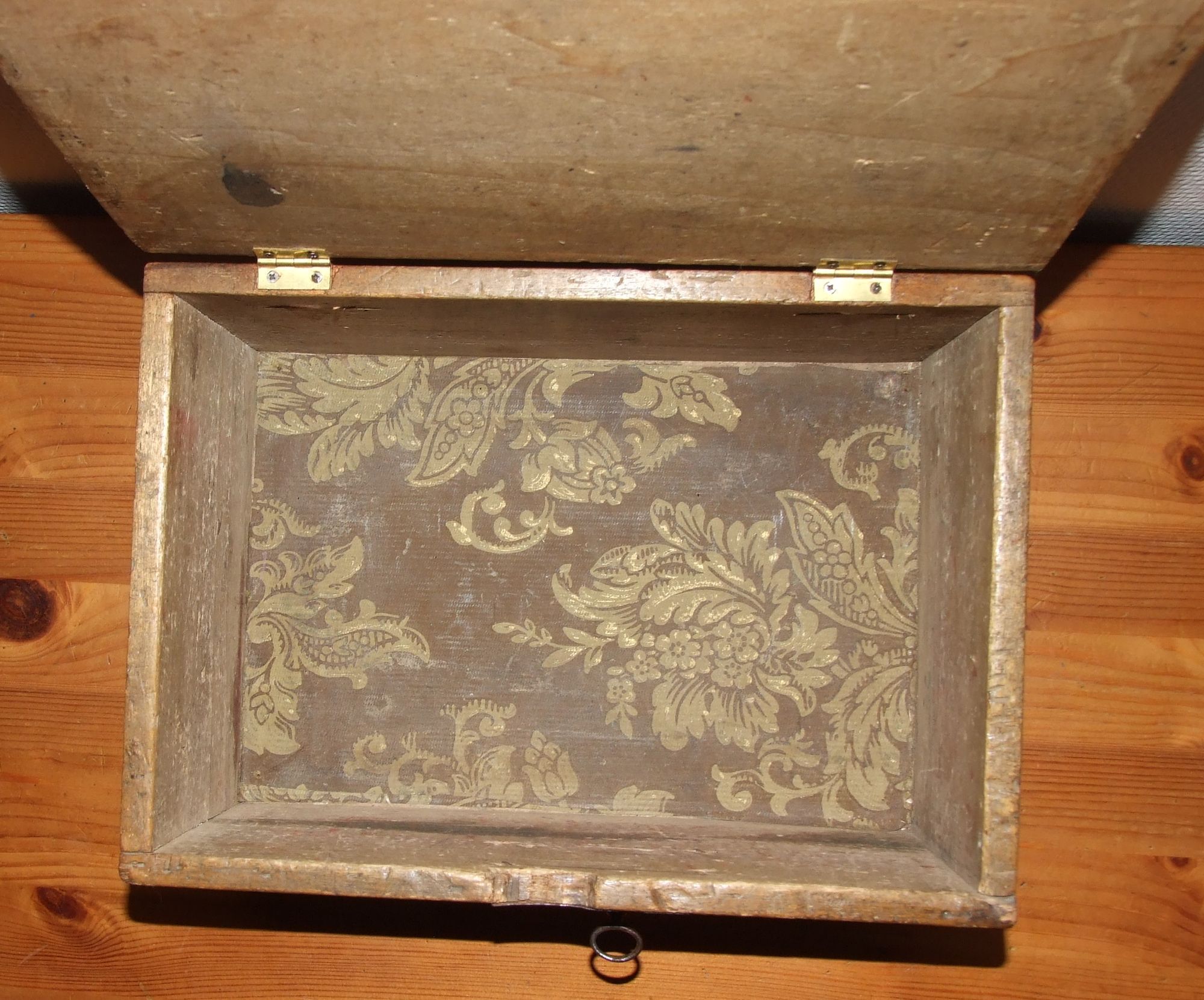 Old box with inscription, fittings, lock and key